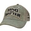 Gray cap with "MIND OVER MATTER" embroidered in black and white.