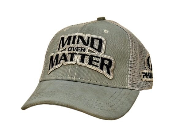 Gray cap with "MIND OVER MATTER" embroidered in black and white.