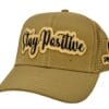Beige cap with "Stay Positive" embroidered in black.