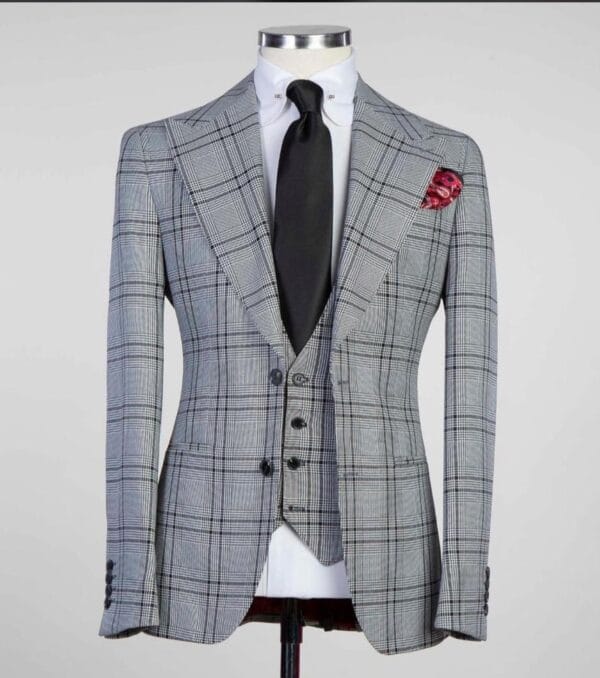 Three Piece, Gray Plaid Suit with Vest and Solid Black Tie